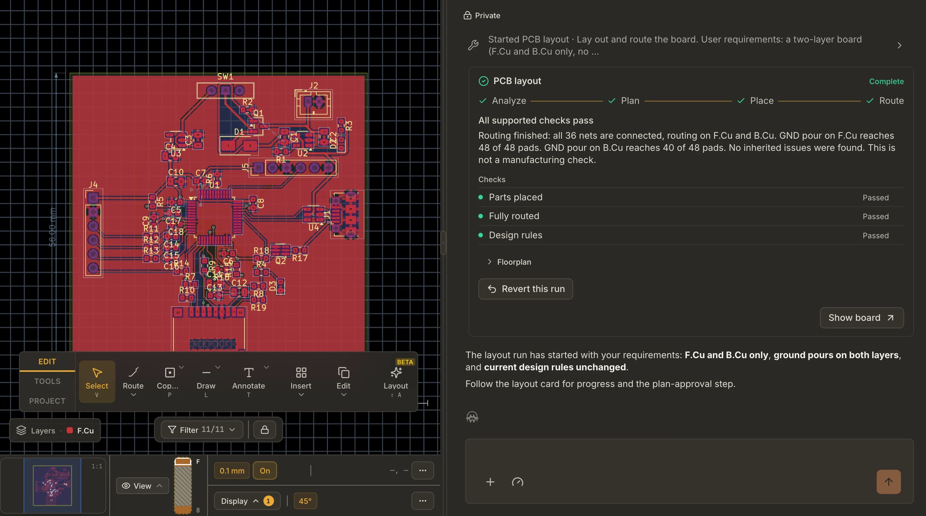 A completed Resin AI layout run in the chat, with its checks passed, beside the two-layer board it placed and routed